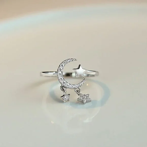 925 Sterling Silver Dangle Moon & Star Ring Minimalist Dainty Celestial … - Picture 2 of 7